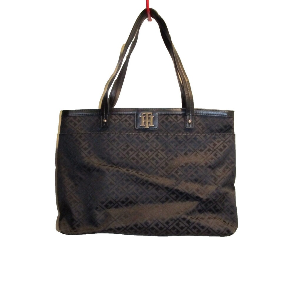 Tommy Hilfiger Monogram Tote Bag Black Logo Pattern Shoulder Bag Pre‑Owned